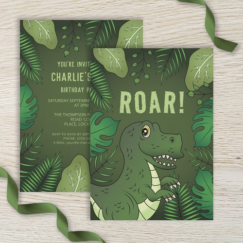 Green T_rex Dinosaur With Roar Text Birthday Party Invitation