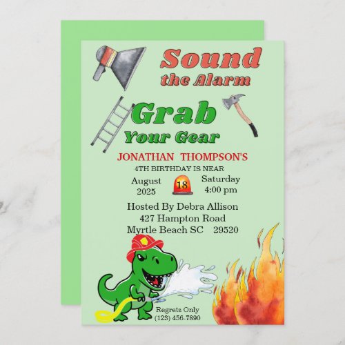 Green T Rex Firemans 4th Birthday Party Invitation