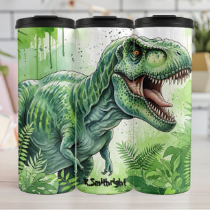 Green T-Rex Jungle Watercolor Roar Thermal Tumbler