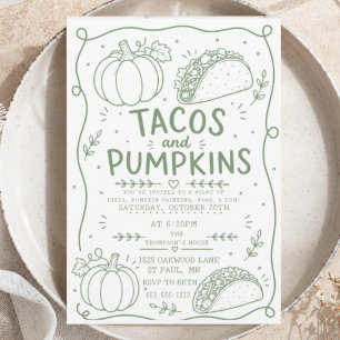 green Tacos Pumpkins Party Minimalist Doodle mmmmm Invitation