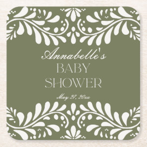Green Talavera Tile Spanish Fiesta Baby Shower Square Paper Coaster
