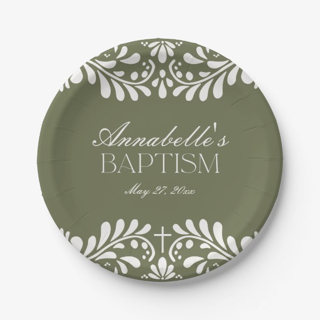 Green Talavera Tile Spanish Fiesta Baptism Paper Plates (Front)