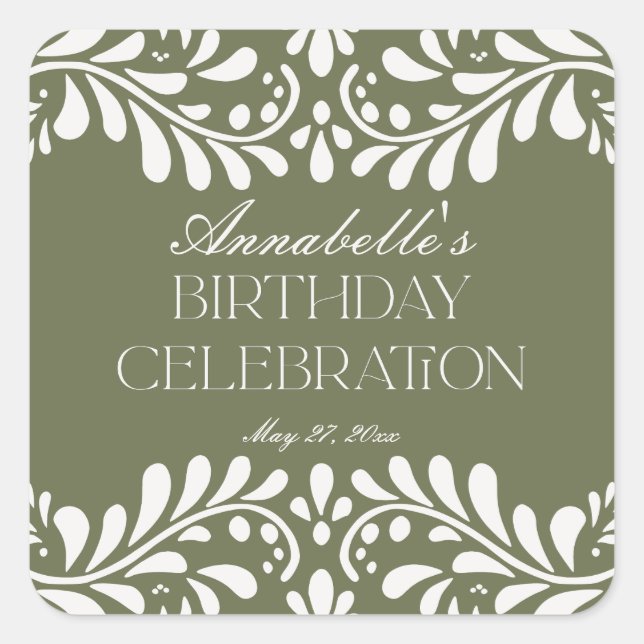 Green Talavera Tile Spanish Fiesta Birthday Favor Square Sticker (Front)