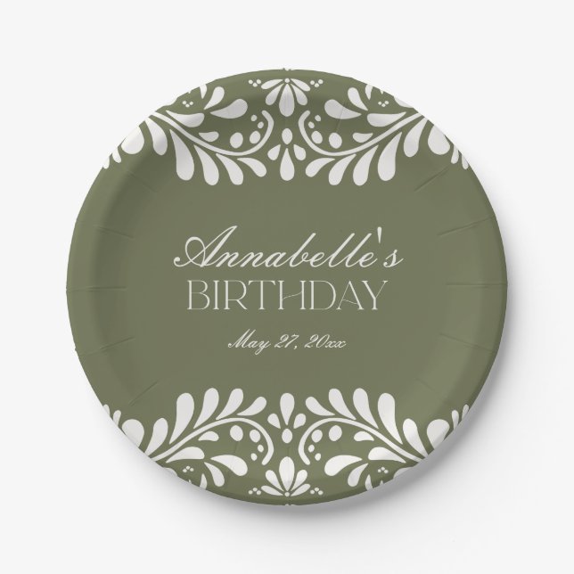 Green Talavera Tile Spanish Fiesta Birthday Paper Plates (Front)