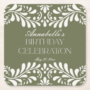 Green Talavera Tile Spanish Fiesta Birthday Party Square Paper Coaster
