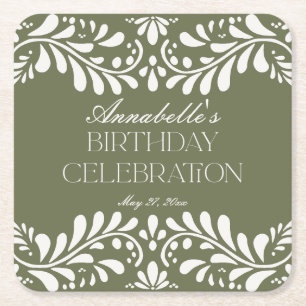 Green Talavera Tile Spanish Fiesta Birthday Party Square Paper Coaster