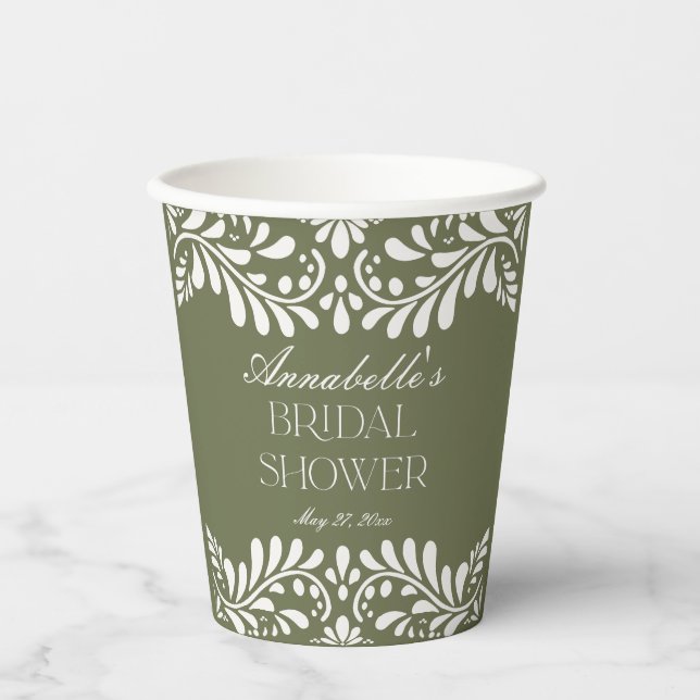 Green Talavera Tile Spanish Fiesta Bridal Shower Paper Cups (Front)