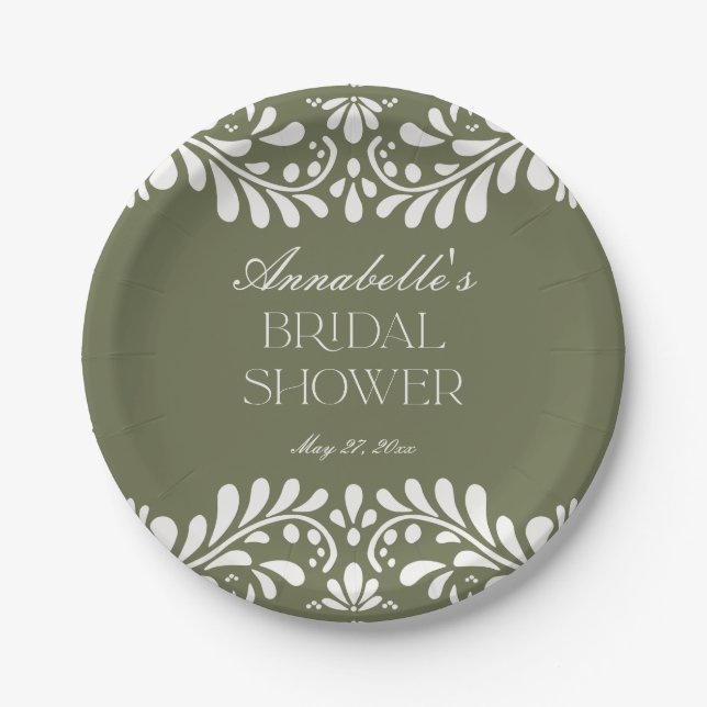 Green Talavera Tile Spanish Fiesta Bridal Shower Paper Plates (Front)