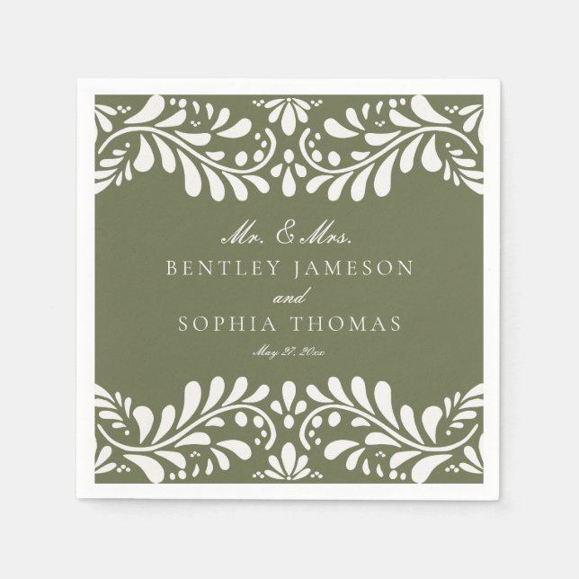 Green Talavera Tile Spanish Style Fiesta Wedding Napkins (Front)