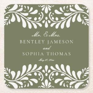 Green Talavera Tile Spanish Style Fiesta Wedding Square Paper Coaster