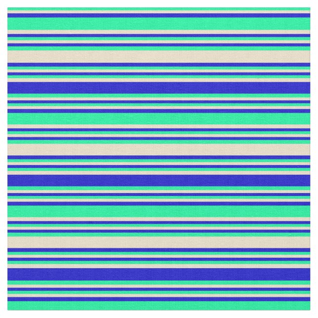 Green, Tan, and Blue Striped/Lined Pattern Fabric (Close Up)