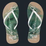 Green Tan and Gold Bridesmaid Favor Monogram  Flip Flops<br><div class="desc">You will love this tan (also available in white in my collection) background with green and gold watercolor geometric frame with gold glitter textures. Great for your wedding venues!</div>