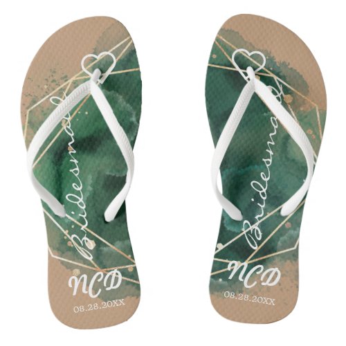 Green Tan and Gold Bridesmaid Favor Monogram  Flip Flops