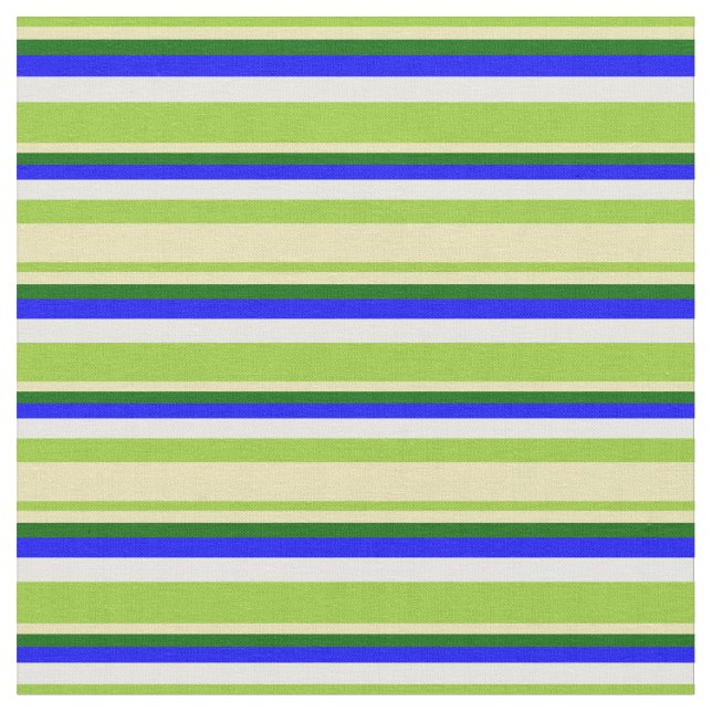 Green, Tan, Dark Green, Blue & White Lines Fabric (Close Up)