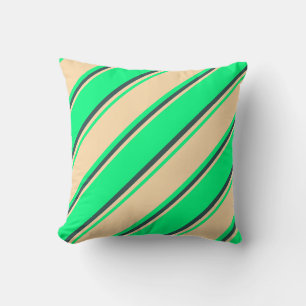 Green, Tan & Dark Slate Gray Colored Stripes Throw Pillow
