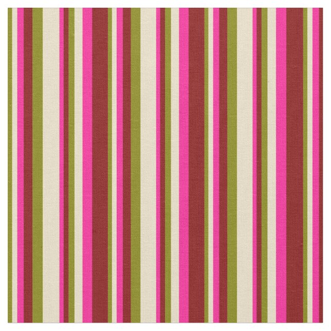 Green, Tan, Deep Pink, and Maroon Lines Fabric (Close Up)