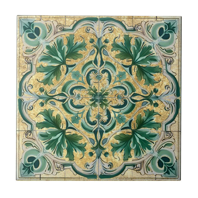 Green Tan Gold Look Talavera Azulejo Tile (Front)