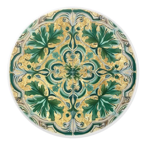 Green Tan Gold Look Talavera Azulejo Tile Ceramic Knob