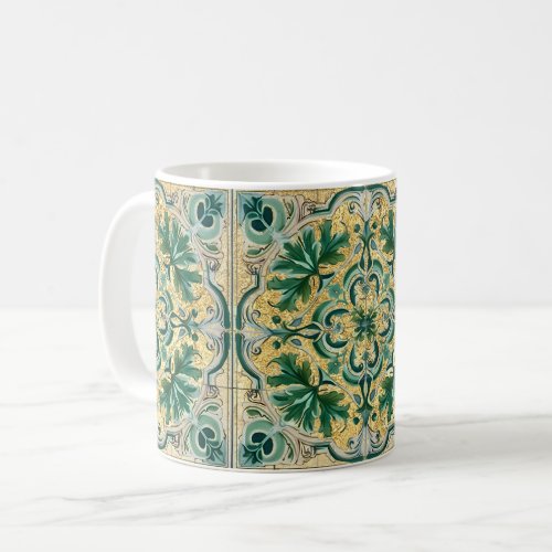 Green Tan Gold Look Talavera Azulejo Tile Coffee Mug