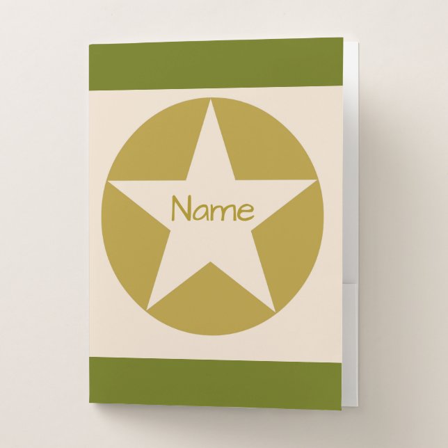 Green Tan & Gold Star in Circle Name and subject P Pocket Folder (Front)