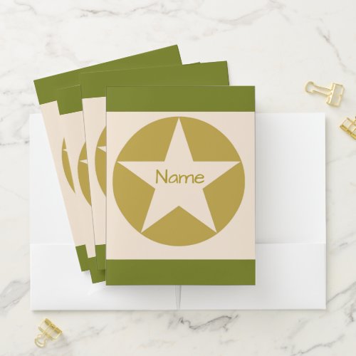 Green Tan  Gold Star in Circle Name and subject P Pocket Folder