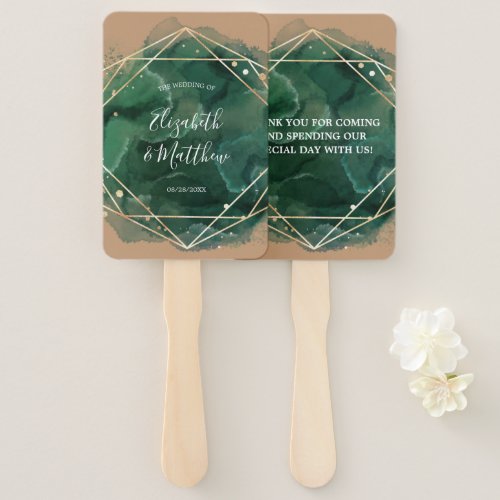 Green Tan Gold Watercolor Geometric Wedding Hand Fan