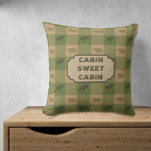 Green Tan Moose Bear Pattern Cabin Throw Pillow