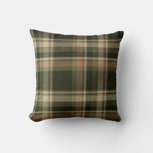 Green  Tan Plaid Fall Throw Pillow