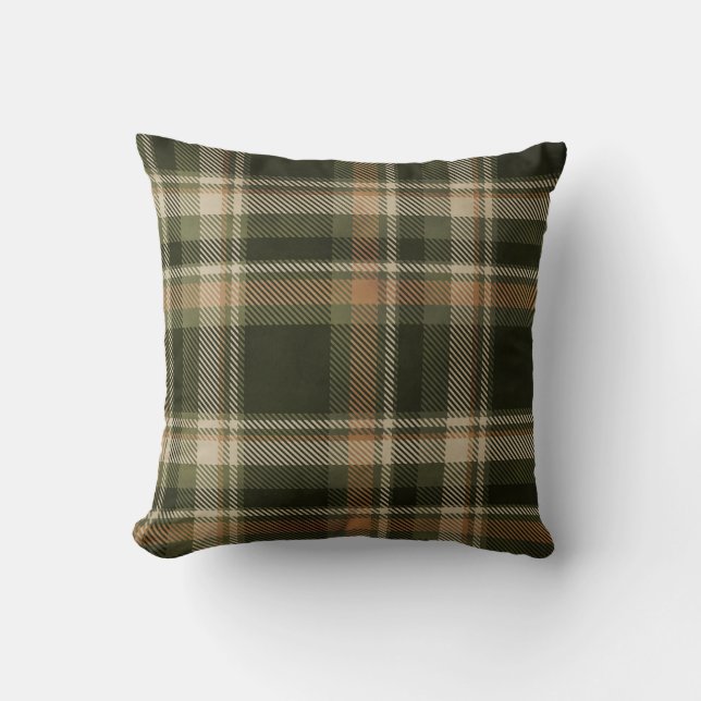 Green & Tan Plaid Fall Throw Pillow (Front)