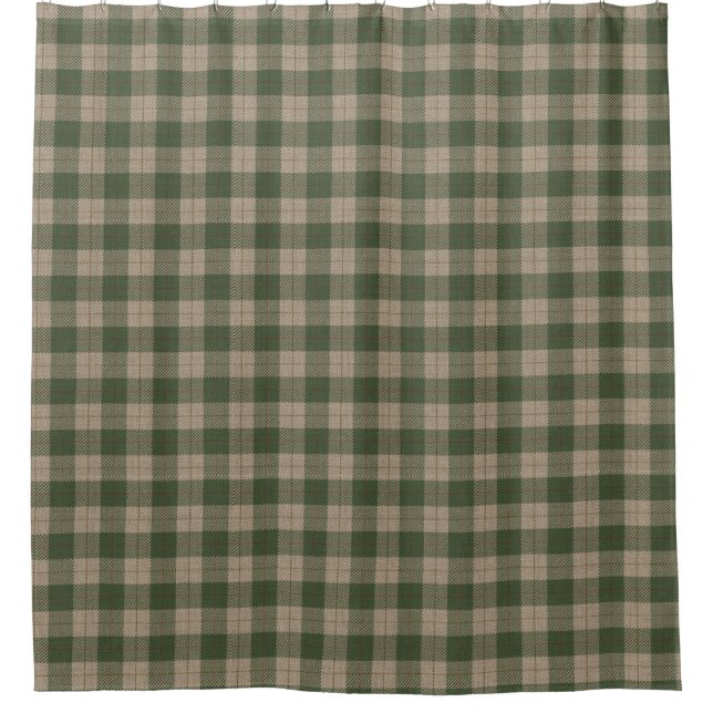 Green Tan Primitive Look Tartan Check Plaid Shower Curtain (Front)