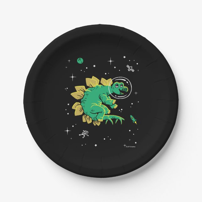 Green Tan Stegosaurus Dinos In Space Paper Plates (Front)