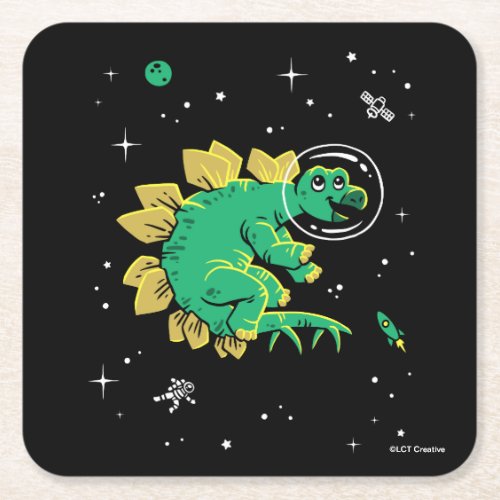 Green Tan Stegosaurus Dinos In Space Square Paper Coaster