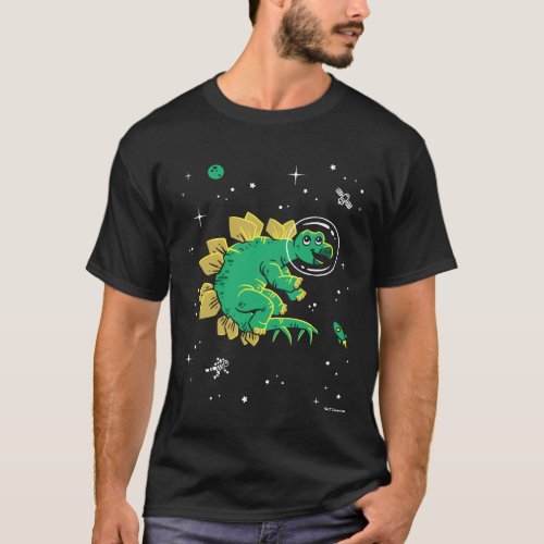 Green Tan Stegosaurus Dinos In Space T_Shirt