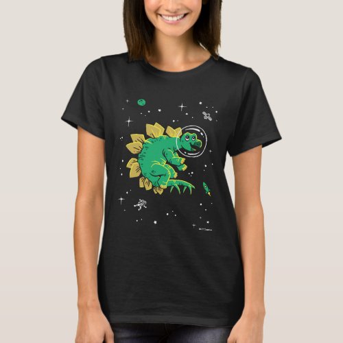 Green Tan Stegosaurus Dinos In Space T_Shirt