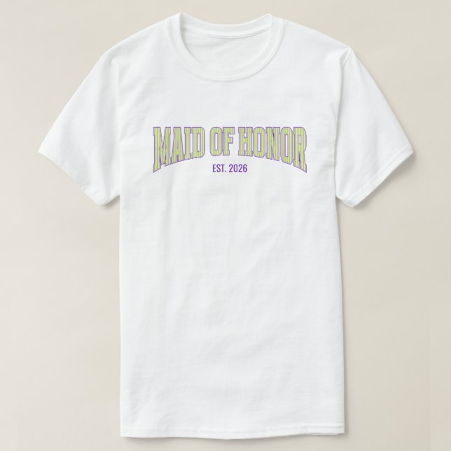 Green + Tan Stripe Purple MAID OF HONOR  T-Shirt (Design Front)