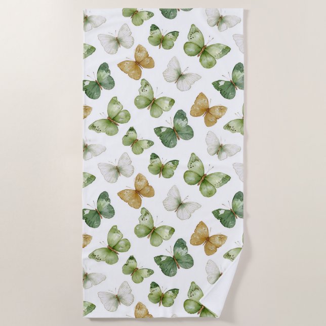 Green Tan White Butterflies Beach Towel (Front)