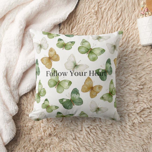 Green Tan White Butterflies Throw Pillow (Blanket)