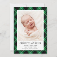 Green Tartan Baby Birth Announcement Photo Card