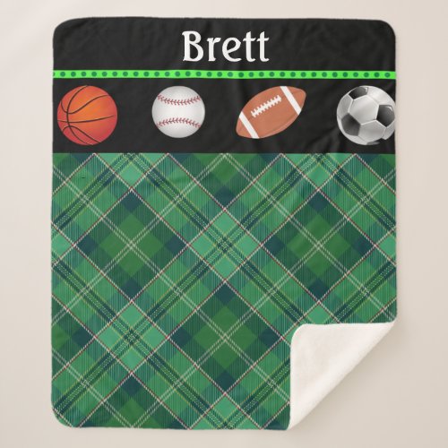 Green Tartan Basketball Baseball Football Soccer  Sherpa Blanket