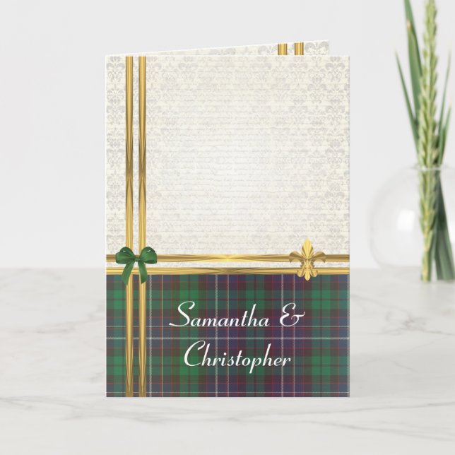 Green tartan  & gold on  damask invitation (Front)