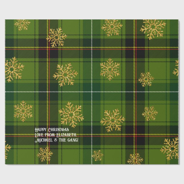 Green Tartan Gold Snowflake Personalized Christmas Wrapping Paper (Flat)