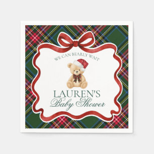 Green Tartan Plaid Christmas Bear Baby Shower Napkins