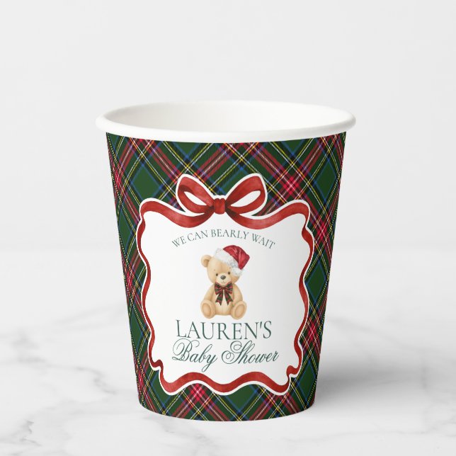 Green Tartan Plaid Christmas Bear Baby Shower Paper Cups (Front)
