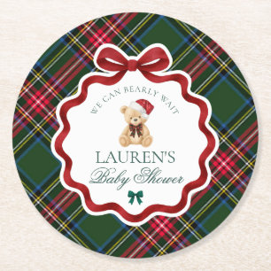 Green Tartan Plaid Christmas Bear Baby Shower Round Paper Coaster