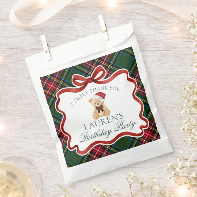 Green Tartan Plaid Christmas Bear Birthday Dessert Favor Bag (Clipped)