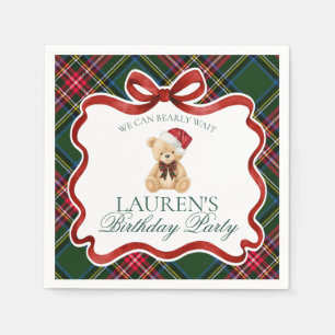 Green Tartan Plaid Christmas Bear Birthday Party Napkins