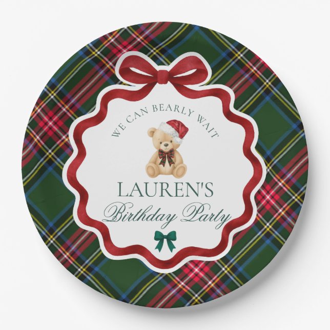 Green Tartan Plaid Christmas Bear Birthday Party  Paper Plates (Front)