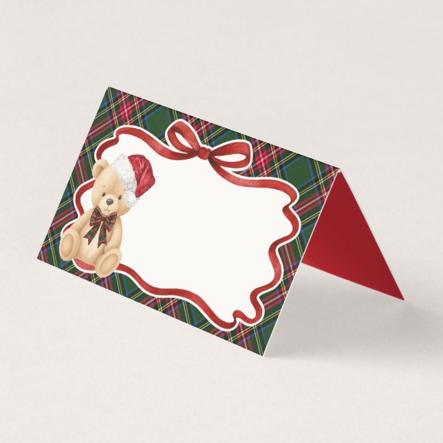 Green Tartan Plaid Christmas Bear Place Card (Front)