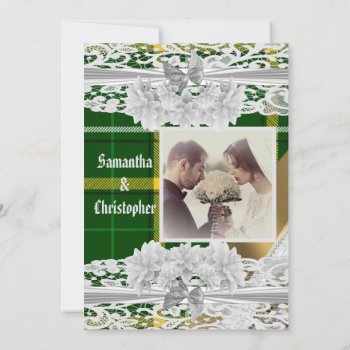 Green Tartan Plaid Lace Wedding Photo Invitation by personalized_wedding at Zazzle