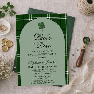 Green Tartan Plaid Lucky in Love Engagement Party Invitation